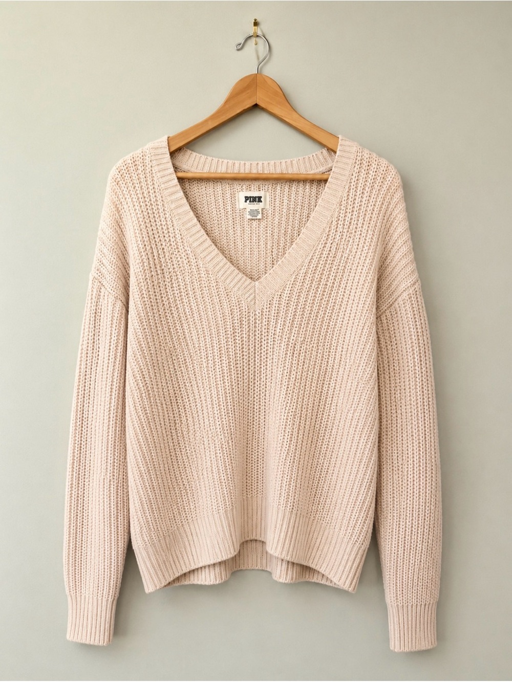 PINK Victoria's Secret Blush Pink V‑Neck Ribbed Knit Sweater